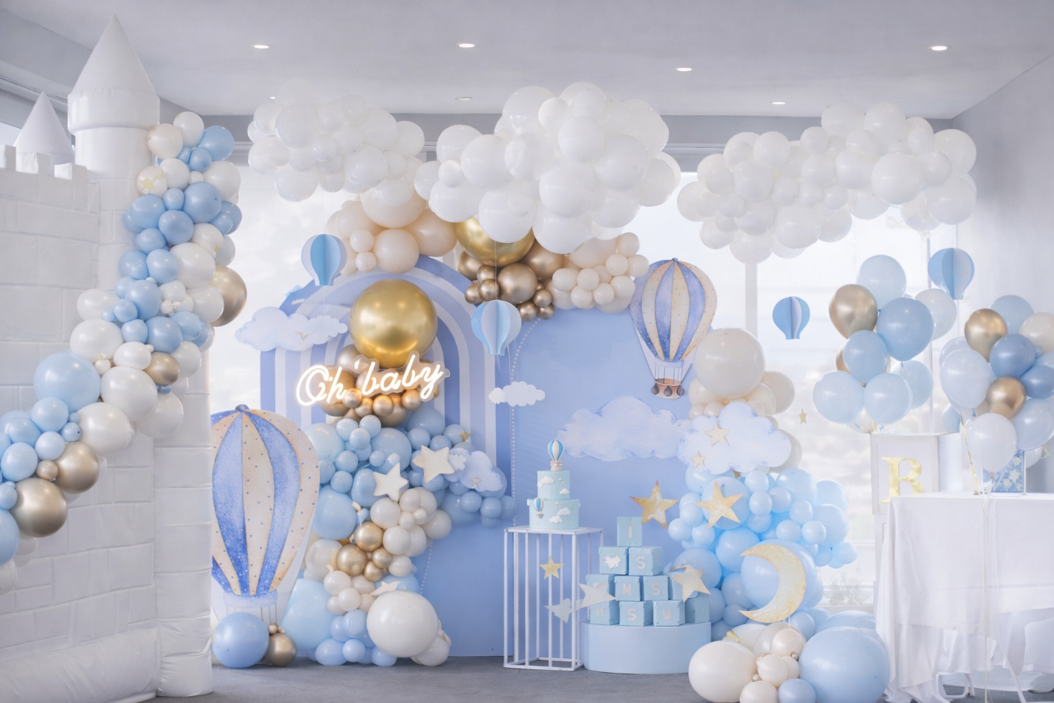 Blue and gold hot air balloon first birthday styling by FAB EVENTS