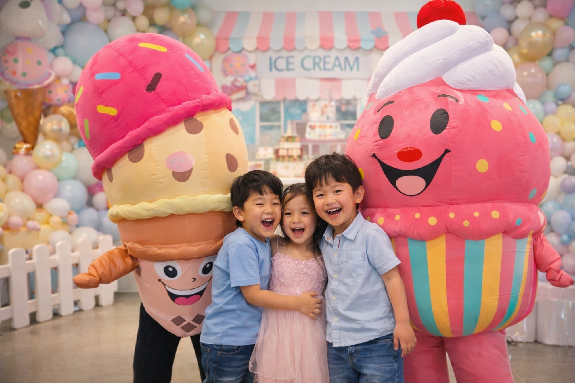 Ice cream mascot characters posing with children at a birthday party