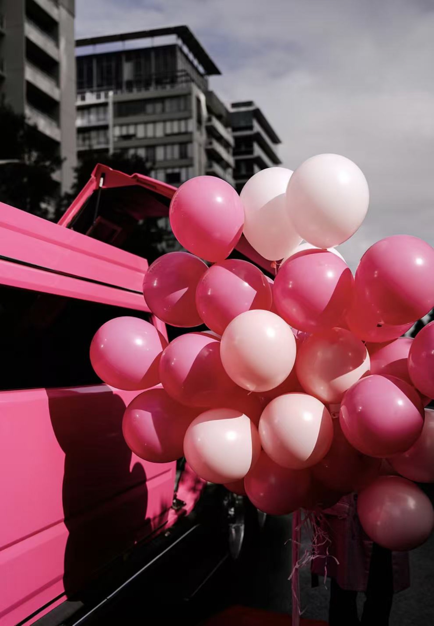Pink and white balloon garland ready for delivery