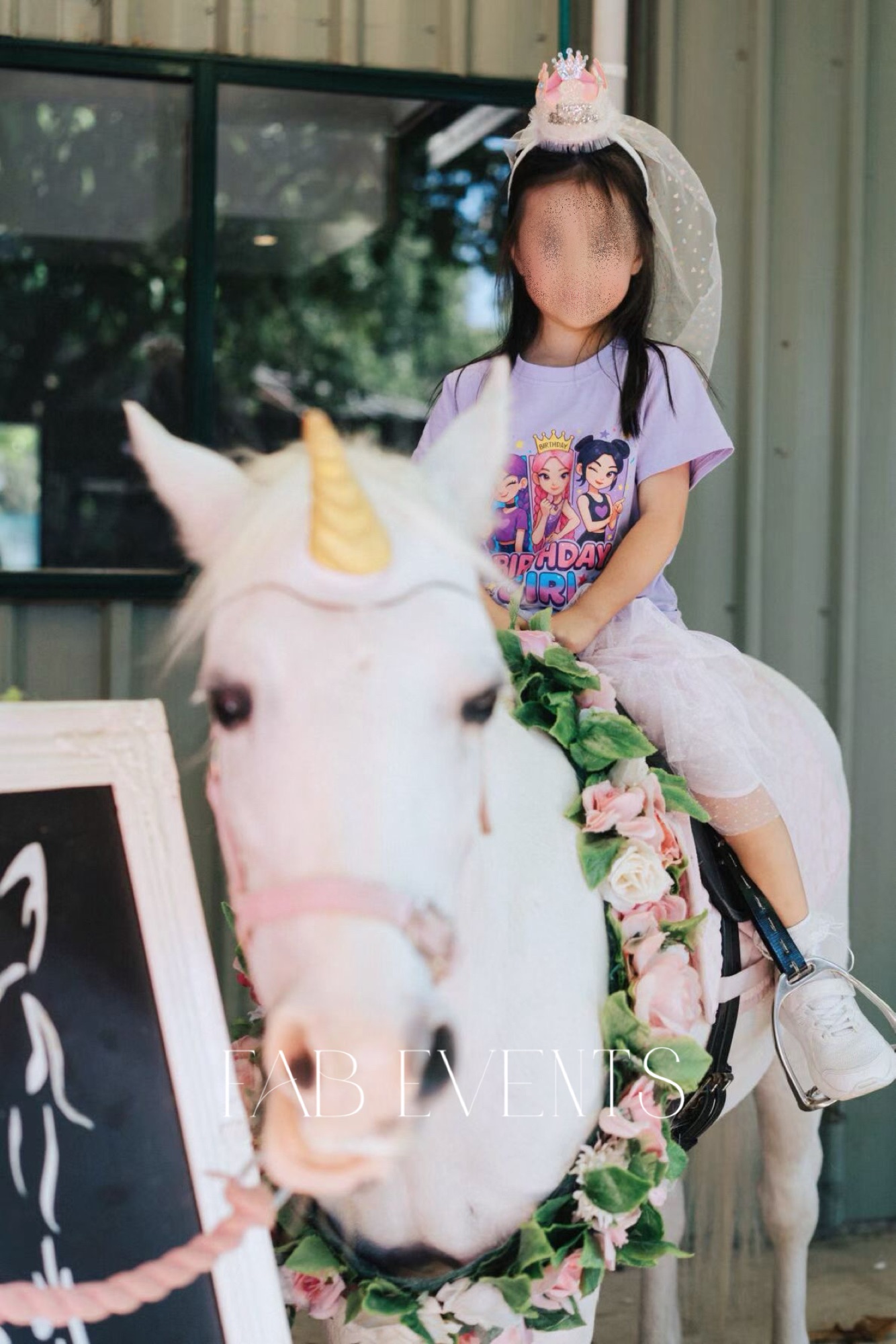 Child enjoying a unicorn pony ride at a kids party